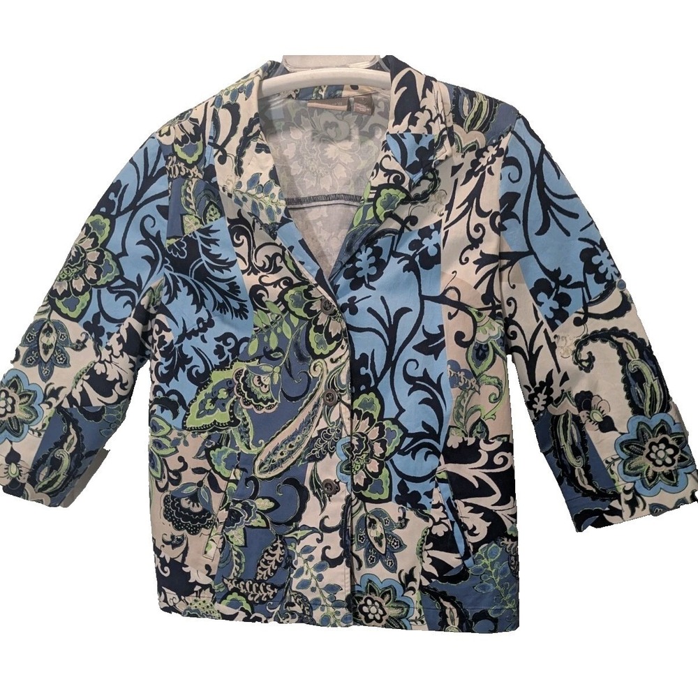 Chico's Blue White Paisley Button Spring Summer Jacket Pockets Lightweight Sz 1